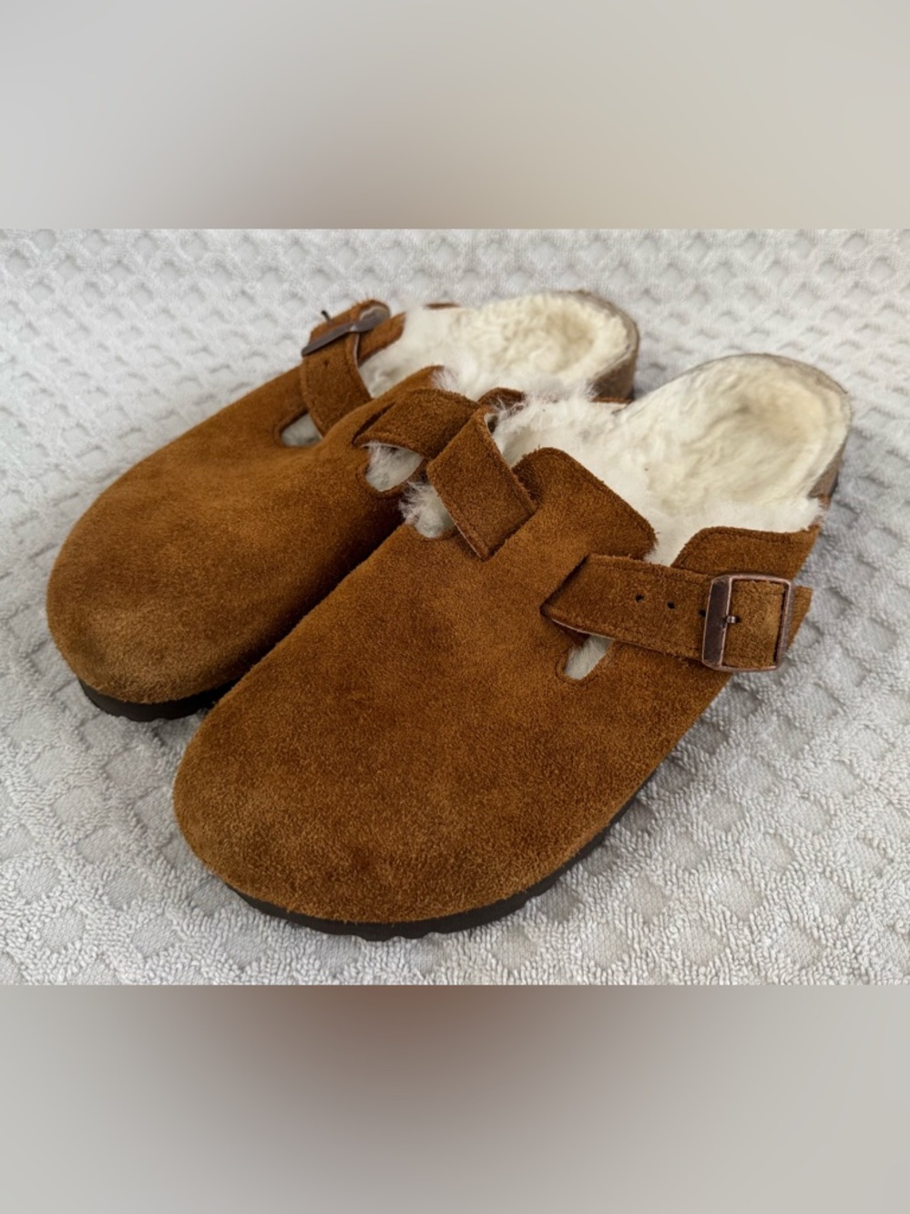 Birkenstock Boston Shearling Slip On Clog Mink Suede Size 38 US 7 Narrow Brown